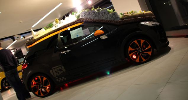 Citroen's DS3 Racing with the Loeb Diorama atop it at the AutoTweetUp