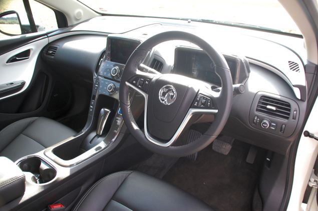 Ampera's interior is identical to the Volt's save for more subdued colours